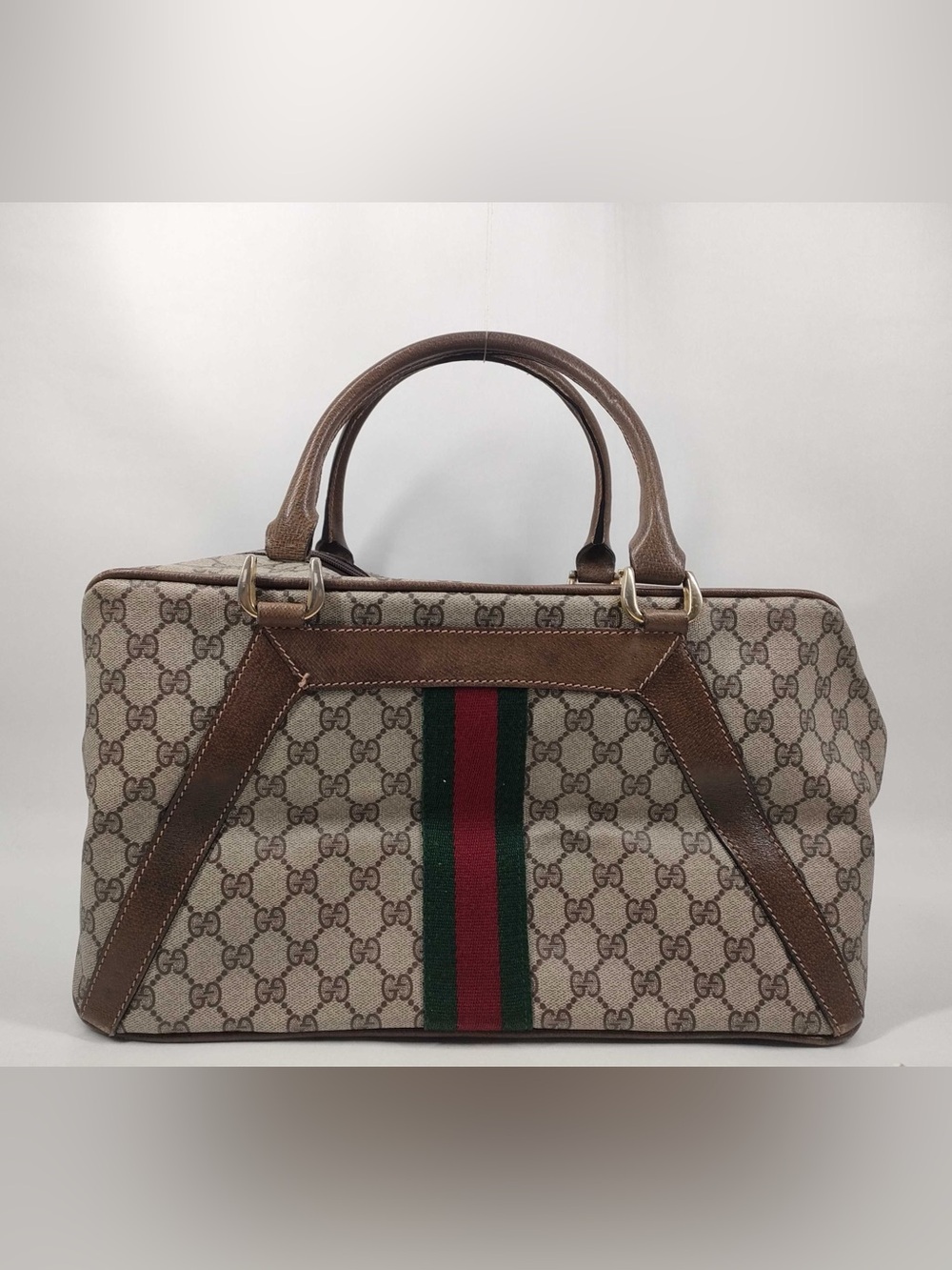 1990’s Duffle Boston 36 Beige-Brown Monogram Canvas Satchel Green-Red Web bag